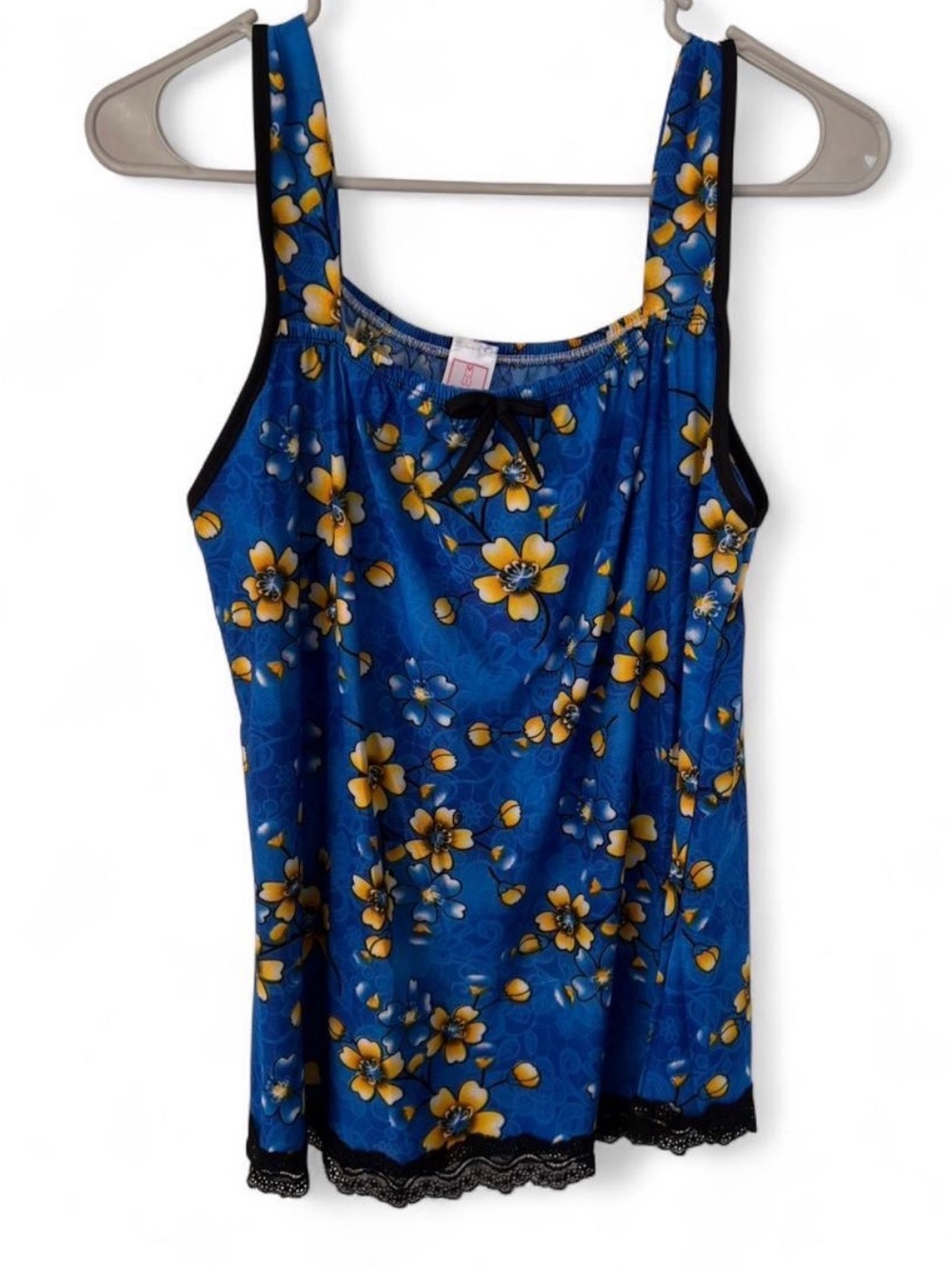 Blue Floral Sleeveless Tank Top with Lace Trim